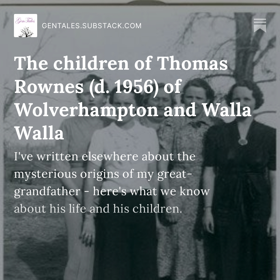 The children of Thomas Rownes died 1956 of wolverhampton and walla walla