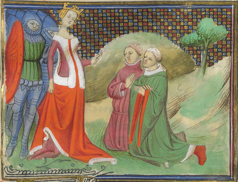 Edmund FitzAlan, 9th Earl of Arundel and Hugh Despenser before Queen Isabella. 15th century manuscript illumination from Froissart’s Chronicles. Public Domain.